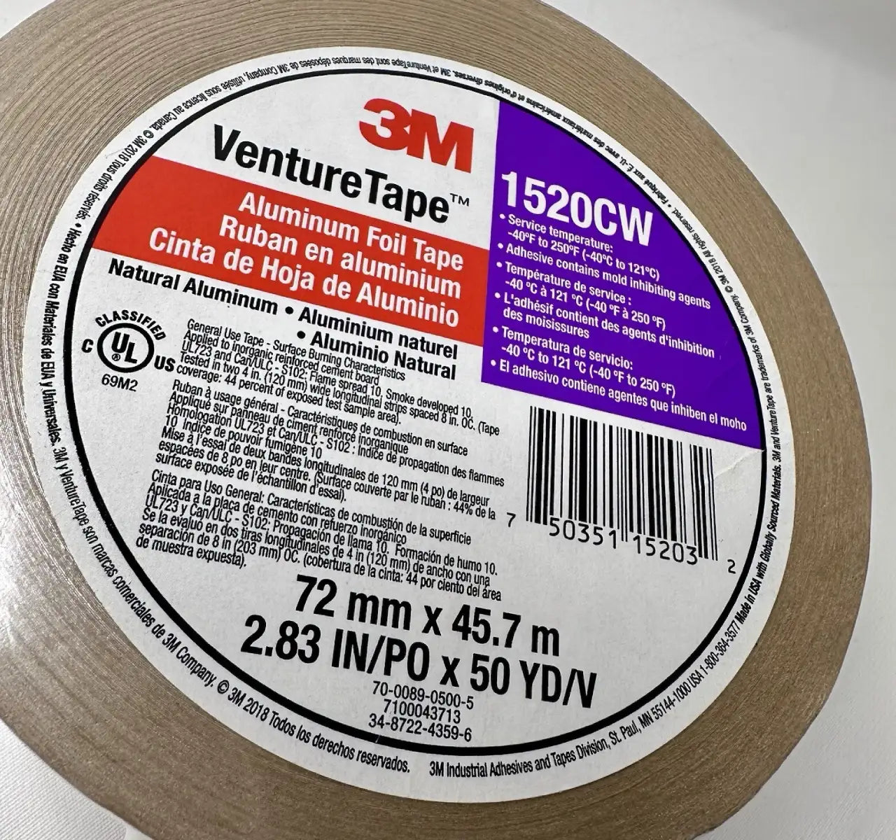 3M™ Venture Tape™ Aluminum Foil Tape 1520CW – 72 mm × 45.7 m, 16 Rolls/Case
